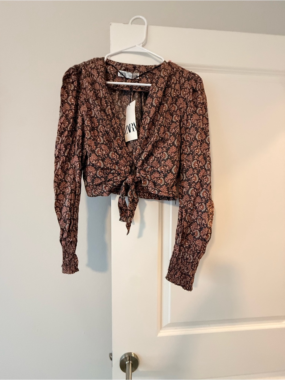 ZARA Brown Floral Tie-Front Cropped Blouse